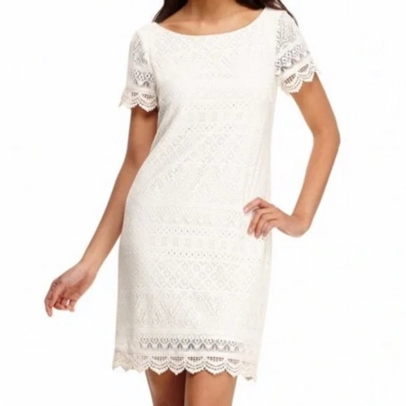 LONDON TIMES Women's Boho Cream Crochet Lace Short Sleeve Sheath Dress 16 - Picture 1 of 6